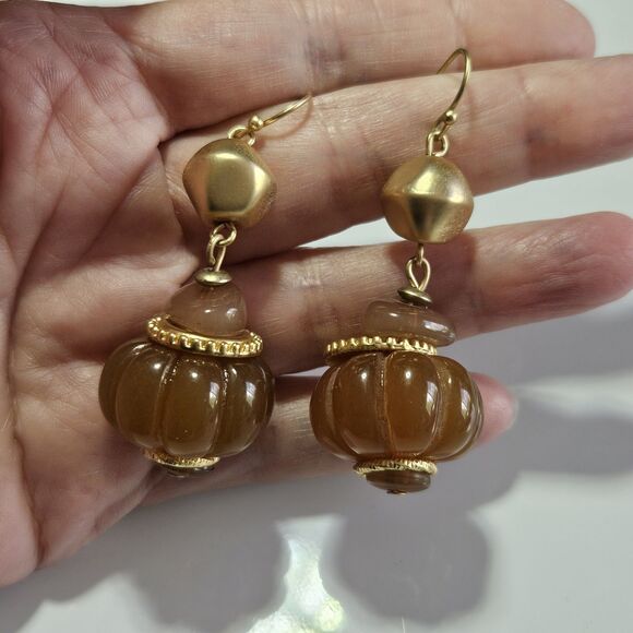 Cato Gold Tone Chunky Tan Beaded Dangling Earrings - Picture 4 of 14
